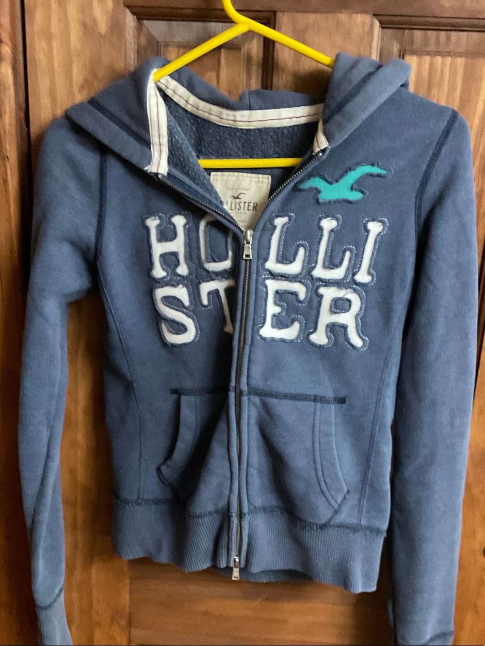 Hollister Denim Blue Zip-Up Hoodie with Teal Seagull